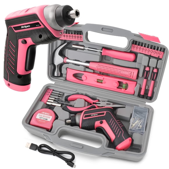 Kit De Herramientas 35 Piezas Rosa Con Destornillador Eléctrico Usb De 3 6 V