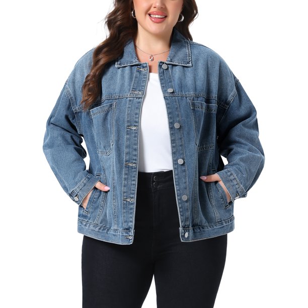 Chaqueta de mezclilla para mujer de talla grande Agnes Orinda para escuela o universidad, con solapa, manga larga, botones, lavado casual, chaquetas de jean con bolsillo 3X gris azul