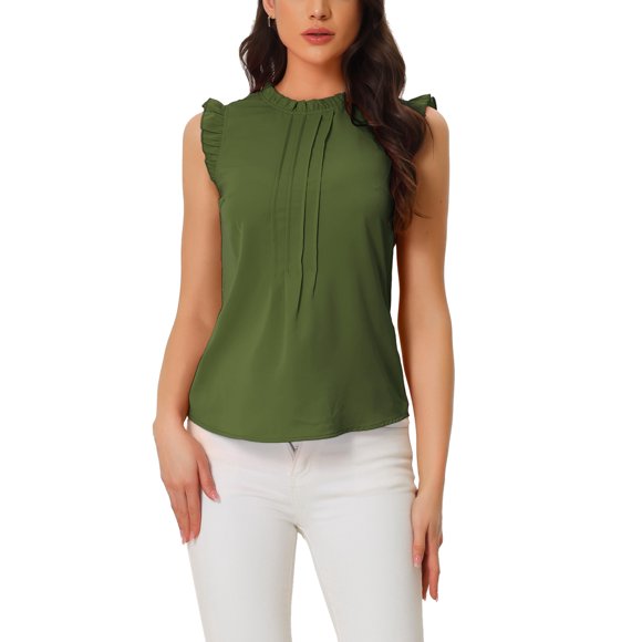 INSPIRE CHIC Blusas sin mangas para mujer de regreso a clases, blusas de trabajo con volantes y pliegues, tops chic verde militar M