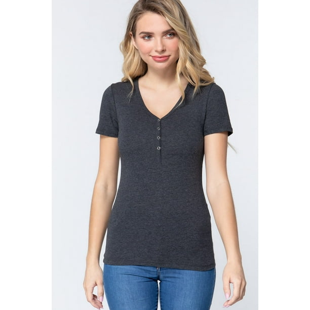 Top Corto de Punto Henley con Cuello en V y Manga Corta
