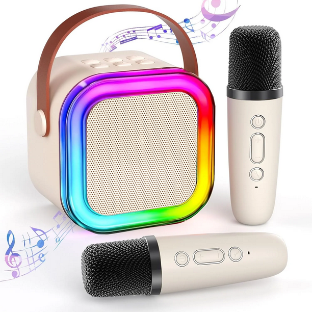 Parlante Bluetooth JYX, Mini Parlante Karaoke Con 2 Micrófonos Inalámbricos, Compatible Con Entrada Tf/ Aux, Parlante Bluetooth Con voz Mágica Divertida, K12-B