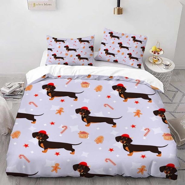 Christmas Dachshund Theme Bedding Set | Includes 1 Duvet Cover and 2 Pillowcases Soft and Comfortable