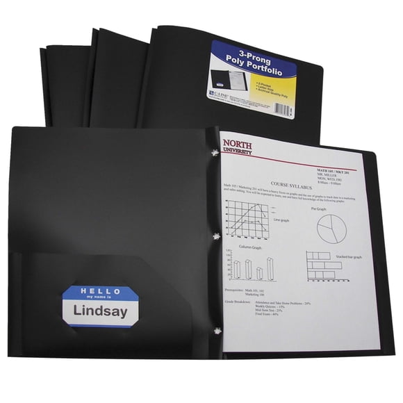 Folder C-Line de polipropileno negro con 2 bolsillos y broches, paquete de 25