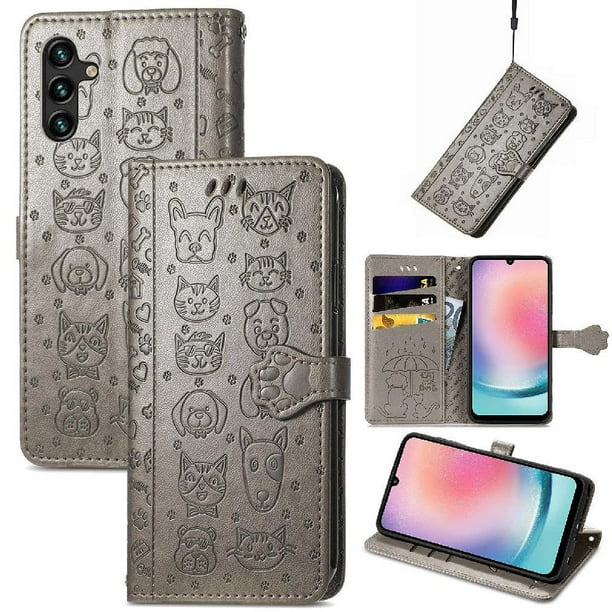 Funda Cartera FOXDOCK para Samsung Galaxy A24 4G , Flip PU con Relieve de Gatos y Perros, Tarjetero y Soporte