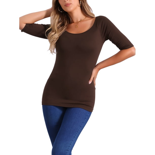 INSPIRE CHIC Camisetas de Mujer para Regreso a Clases con Cuello de Barco, Mangas Medias, Ajustadas, para Capas, Camiseta Suave L Marrón Café