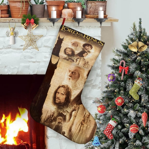 El Señor de los Anillos Tema: Calcetines de Navidad, fino lino blanco para colgar en escaleras y chimenea, decoración navideña para el hogar, regalo de Navidad.54cm×38cm