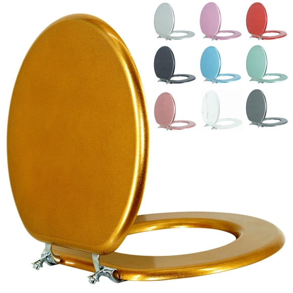Asiento de Inodoro Redondo de Madera BLOFDE Dorado Brillante con Bisagras de Zinc