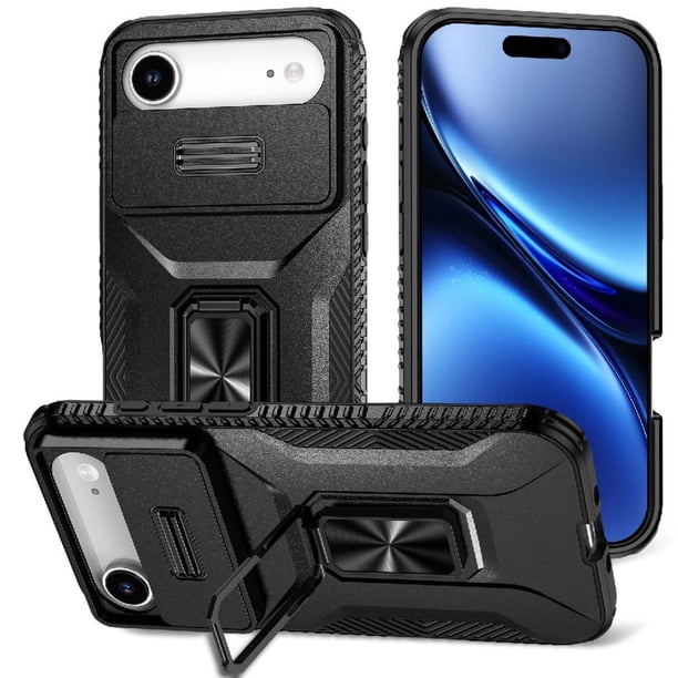 Funda Armada para iPhone 17 Air con Tapa Deslizante y Soporte Magnético Giratorio Negro