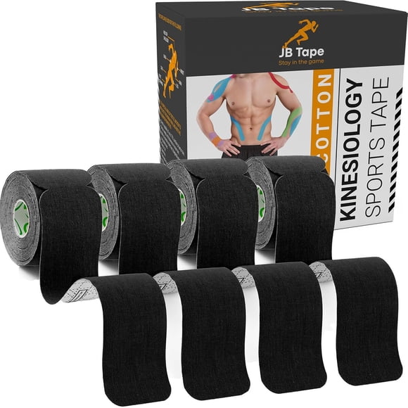 JB Tape Kinesiology Tape, Black, 80 Precut 10-Inch Strips, 4 Rolls