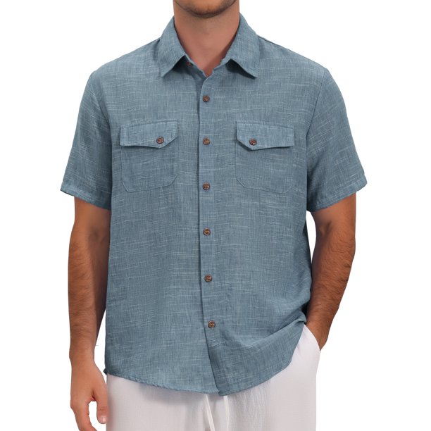 INSPIRE CHIC Camisa de Verano para Hombre con Bolsillos Dobles en el Pecho, Manga Corta, Camisas de Lino Transpirables XL Gris Oscuro