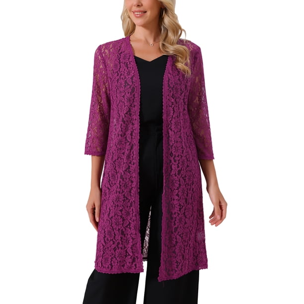 INSPIRE CHIC Cárdigan de Encaje de Manga 3/4 para Mujer Elegante Bolero Chalecos Largo Flowy Crochet Cárdigan Abierto Conjuntos Diarios M Púrpura