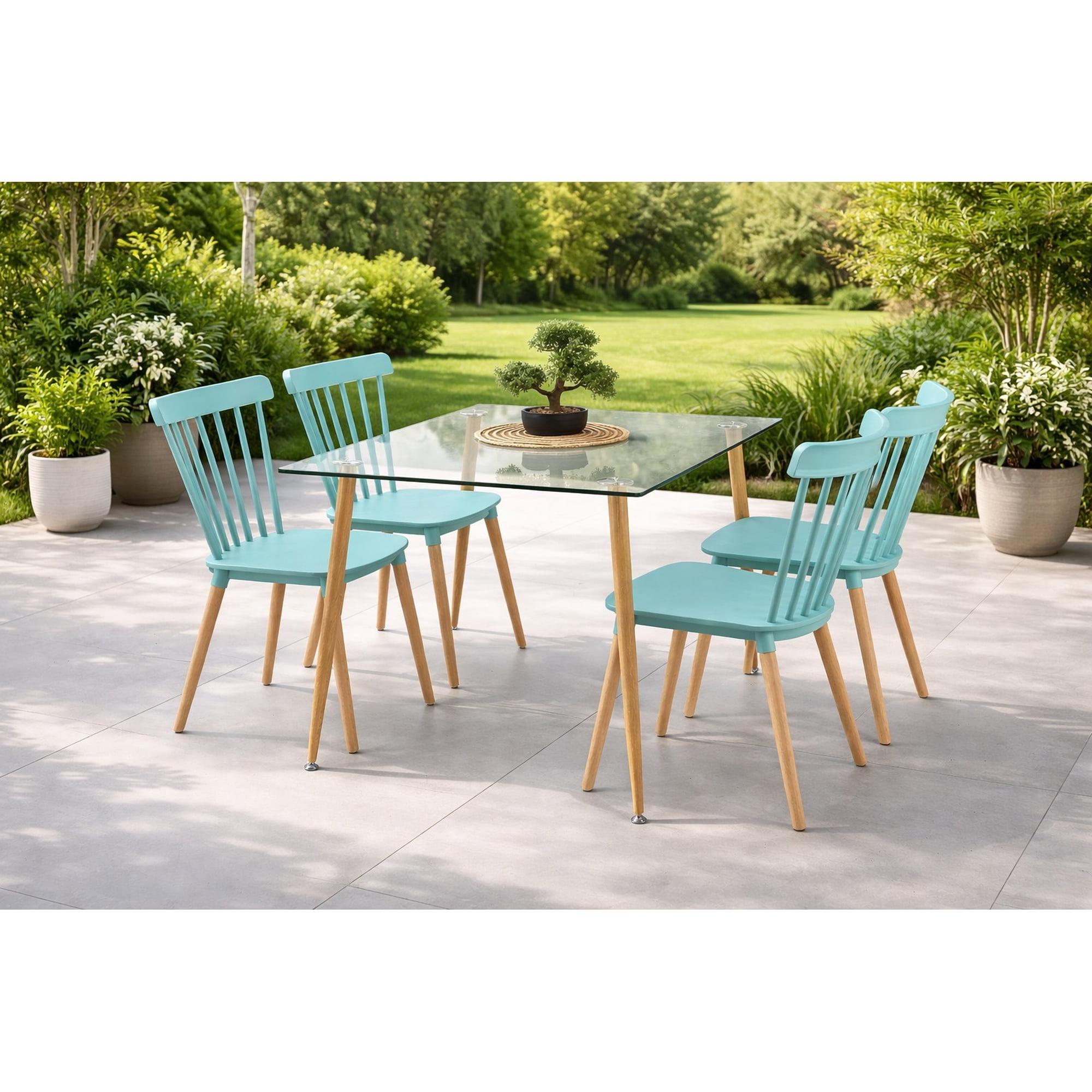 Vitelio - Comedor Mesa De Vidrio 120x80 + 4 Sillas Windsor Turquesa