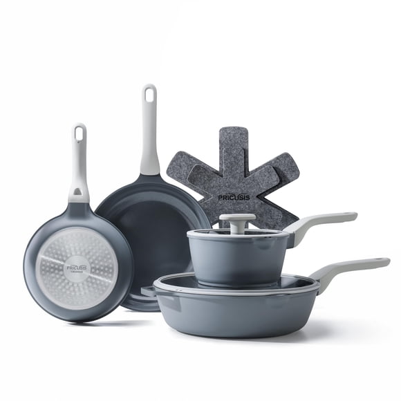 Juego de utensilios de cocina PRICUSIS, cerámica antiadherente, 9 piezas, color gris