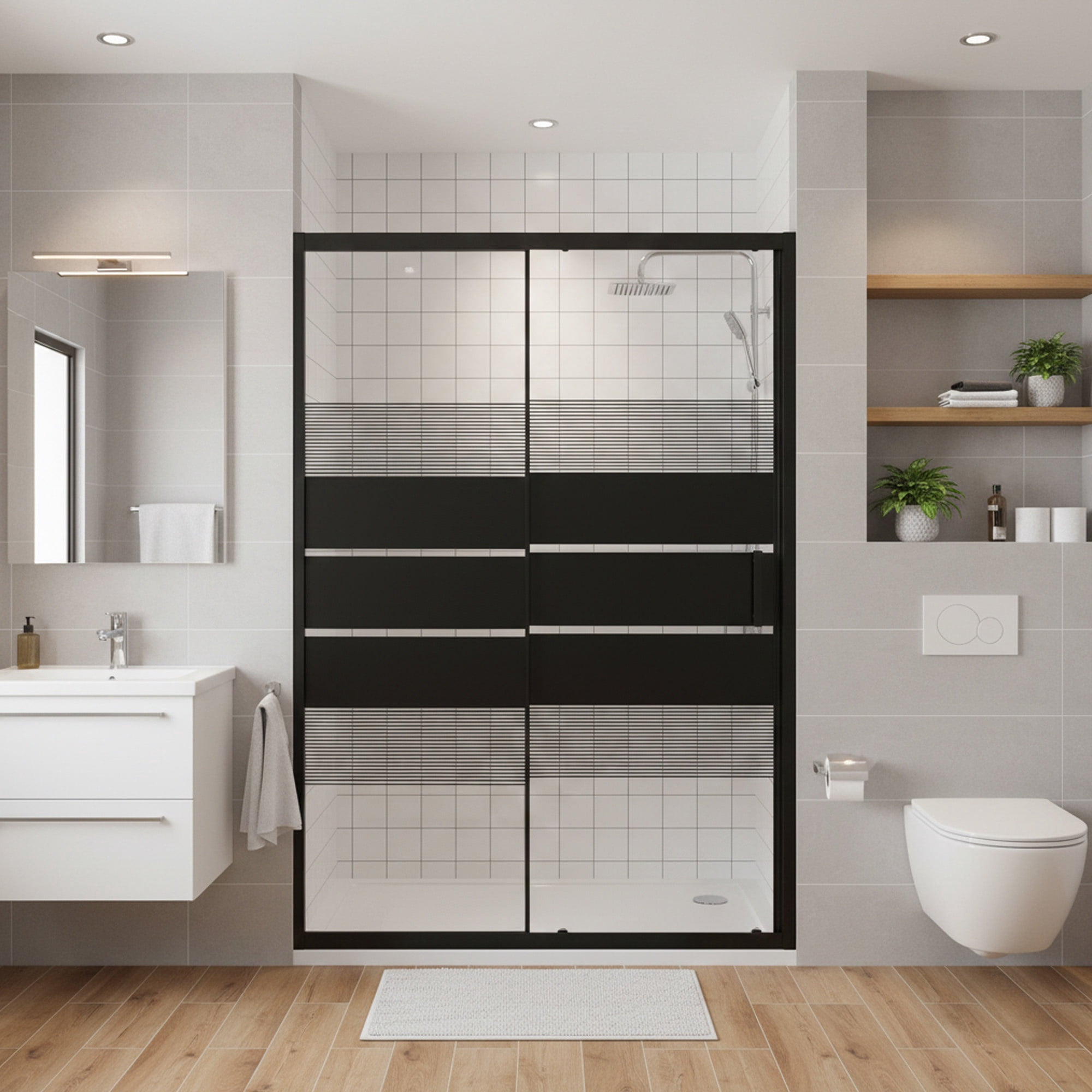 Joytek - Mampara Ajustable De Ducha Style 120-140 Lineas Negras (2 Hojas)