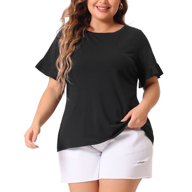 Agnes Orinda Camisetas de Mujer Tallas Grandes Cuello Redondo Volante Manga Corta Camisetas Casual Verano Blusa 1X Negro