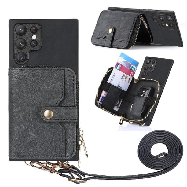 Funda Tipo Cartera con Correa Cruzada para Samsung Galaxy S23 Ultra Protección Contra Golpes Negro