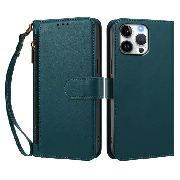 Funda Tipo Billetera para iphone16 Promax con Soporte y Bolsillo con Cierre Verde