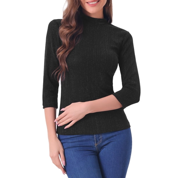 INSPIRE CHIC Blusa Metálica Brillante de Mujer para Fiesta con Mangas 3/4 a Rayas Brillantes XL Negro