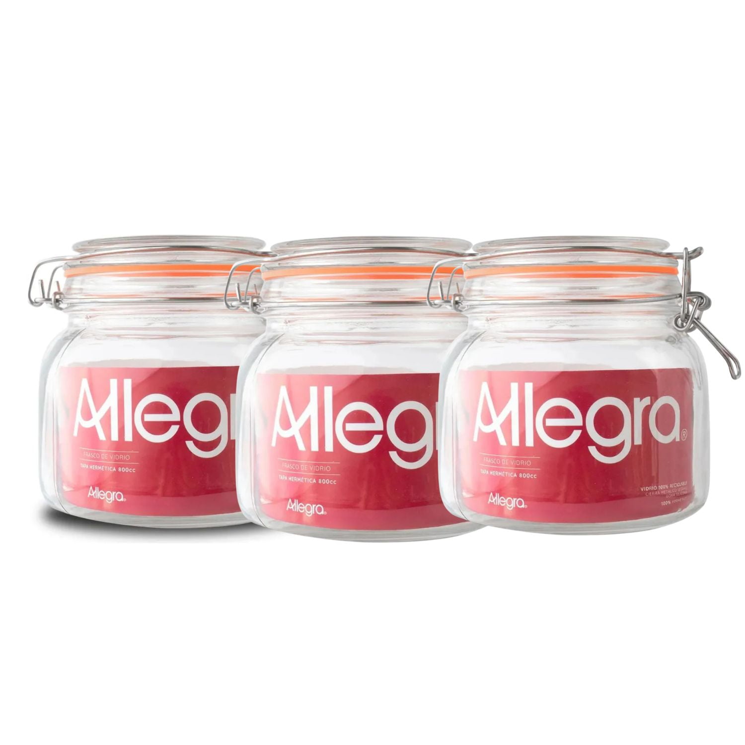 Set 3 Frascos Vidrio Con Tapa Hermetica De 800ml Allegra