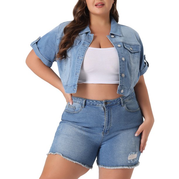 Agnes Orinda Chaquetas de Mezclilla Talla Grande para Mujeres Escuela Universidad Botón Frontal Trabajo Lavado Mangas Enrolladas Chaqueta de Jean Recortada 2X Azul Claro