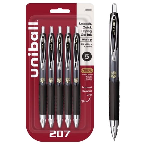 Bolígrafos De Gel Uni-Ball 207 Retráctiles Ultra Micro De 0,38 Mm, Color Negro, Paquete De 5