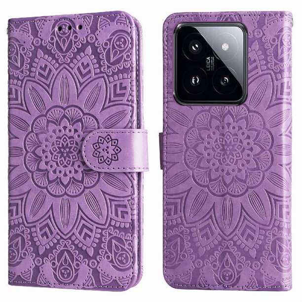Funda tipo cartera FOXDOCK para Xiaomi 14 Pro , diseño girasol en relieve, cuero PU, cierre magnético, soporte y tarjetero