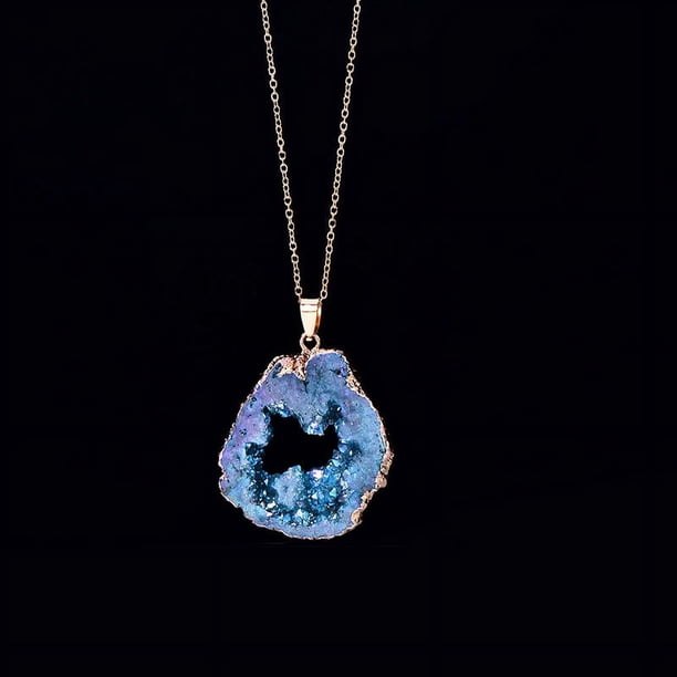 1pc Irregular Hollow Agate Quartz Geode Slice Pendant Necklace with Amethyst Inlay and Gold Plated Edge