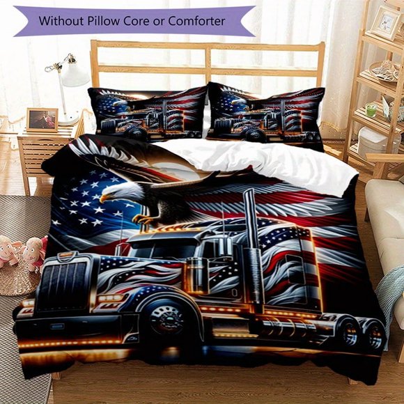 3pcs Patriotic Eagle & Truck Bedding Set - Includes 1 Duvet Cover & 2 Pillowcases, High-Definition Print, All-Season Comfort, Zipper Closure, Machine Washable, Ideal for Bedroom & Dorm Decor, Dorm Roo