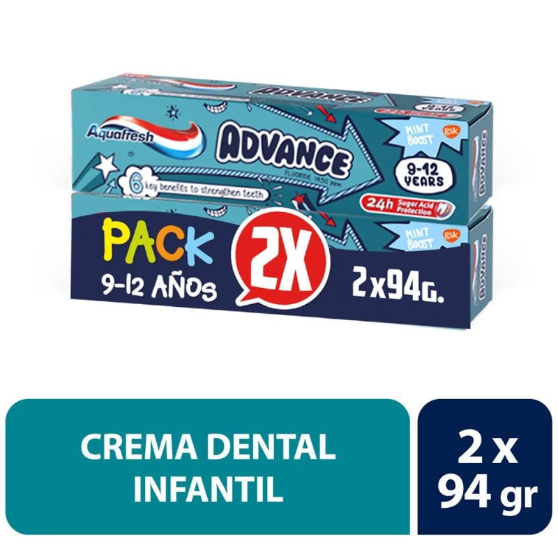 Pack Pasta Dental Niños Advance Kids 9-12 Años 2 Un de 94g c/u Aquafresh