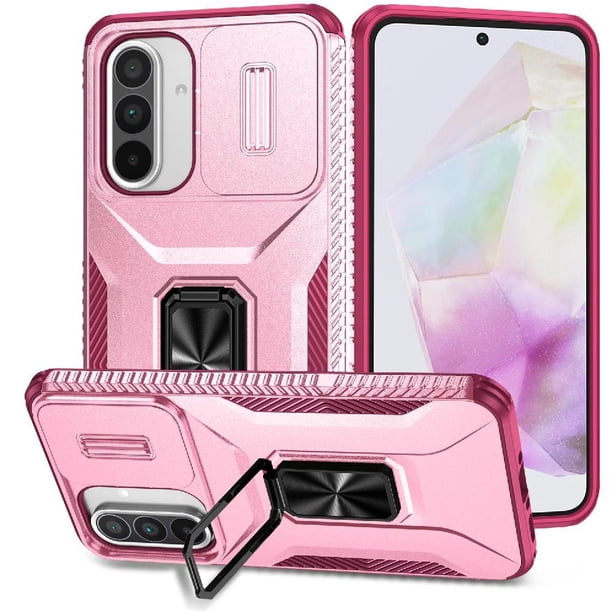 Funda Armada para Samsung Galaxy A36 con Tapa Deslizante y Soporte Magnético Giratorio Rosa