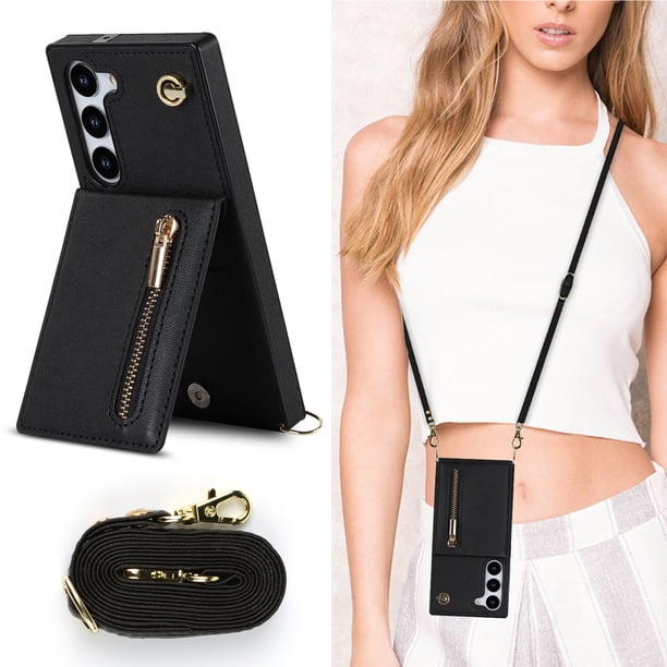 Crossbody Wallet Case Case For Samsung Galaxy S23 S22 Plus Note 20 Ultra With Card Slot Holder, Magnetic Flip Folio Purse Case, PU Leather Zipper Handbag With Detachable Lanyard Strap
