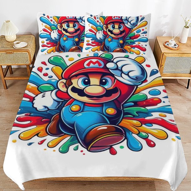 Super Mario 3-Piece Comforter Set for Bedroom Super Mario Bedding Set for Kids Adults Soft Microfiber Duvet Cover Set with Zipper Closure