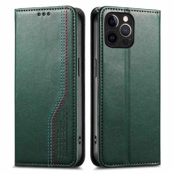 Funda tipo cartera para iPhone 15 Pro de piel con cierre magnético, ranuras para tarjetas y correa para la muñeca Verde