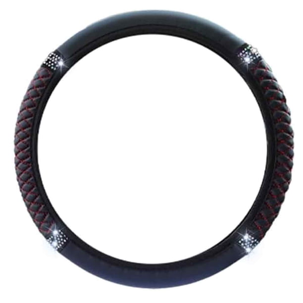 Funda para volante de coche con diamantes de imitación en color tridimensional bordados en cuero sin anillo interior, adecuada para mujeres de 14,5 a 15 pulgadas