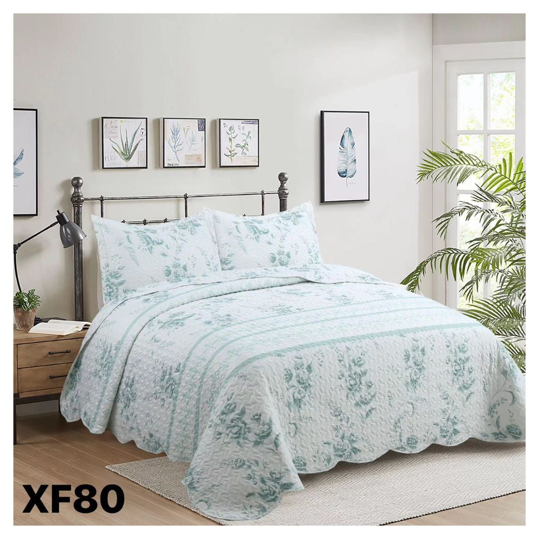 Genérico - Cubrecama Quilt Verano 2 Plazas - Blanco Flores Verde Agua Xf80
