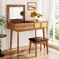 M&Ms - 43.3"" Classic Wood Makeup Vanity Set With Flip-Top Mirror And Stool, Dressing Table With Three Drawers And Storage Space, Brown