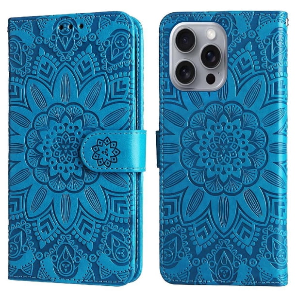 Funda tipo cartera FOXDOCK para iPhone 16 Pro Max , diseño girasol en relieve, cuero PU, cierre magnético, soporte y tarjetero