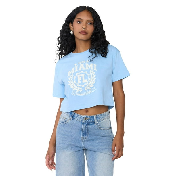 Polera Mujer Fun Manca Corta Crop Celeste Corona