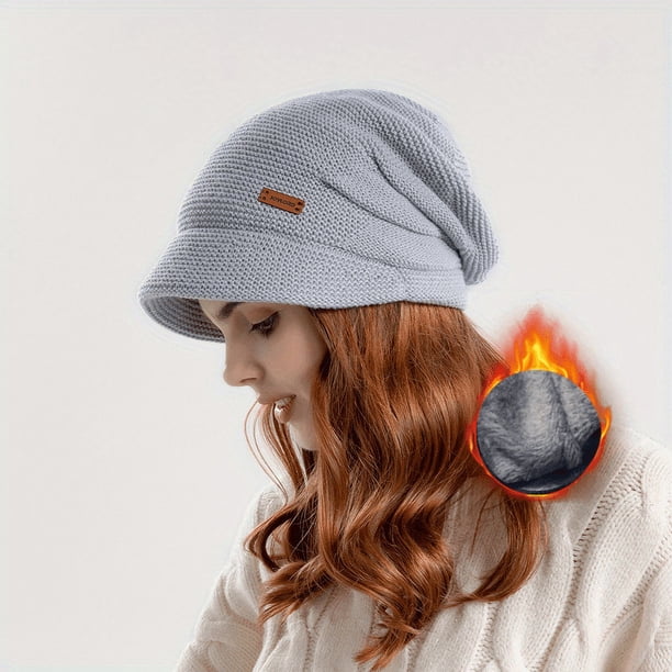 1PCS Winter Beanie Hats With Short Brim, Thermal Knitted Textured Fleece Ski Baggy Winter Hat Skiing Cycling For Women