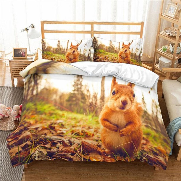 Squirrel Cute Animal Print Quilt Duvet Cover Set Kids Bed Linen 3-Piece Bedding Set