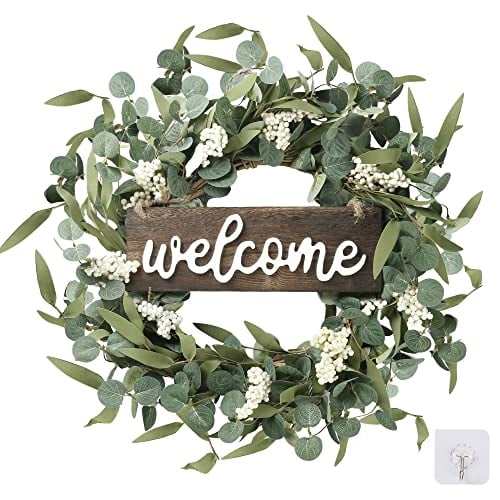 Corona artificial de eucalipto verde Sggvecsy de 50 cm con bienvenida