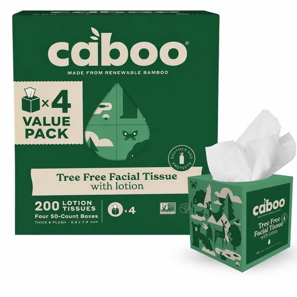 Pañuelos faciales Caboo 4 paquetes, 200 unidades, con loción