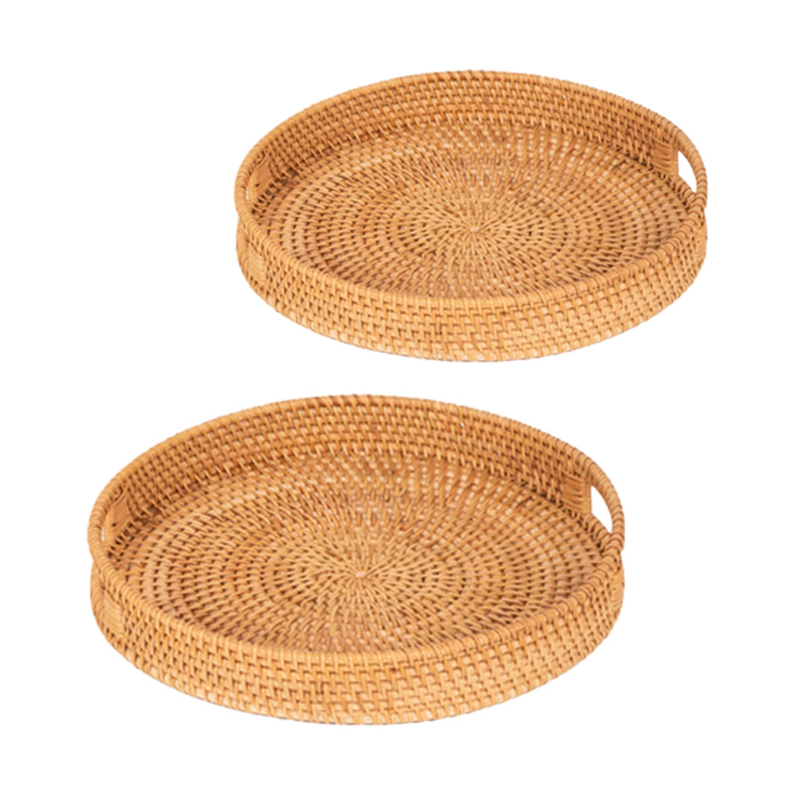 Magideal - 2 Bandejas Redondas De Ratán Para Servir, Bandeja Decorativa Portátil, Mesa De Centro Elegante, Decoración En Bandeja Para Frutas, Pan Casero, Bebidas