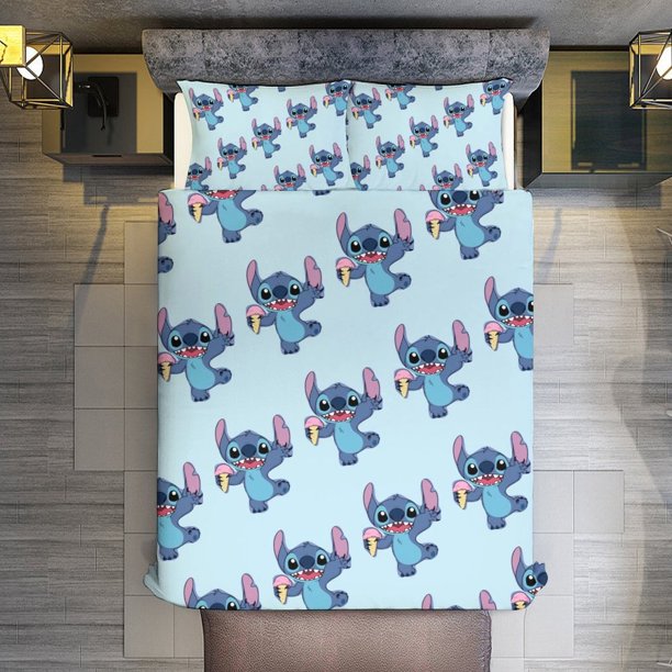 Cartoon Stitch 3 Pieces Duvet Cover Set Full Size Super Soft Fade Resistant Microfiber