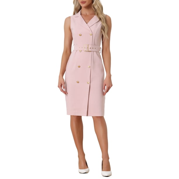 INSPIRE CHIC Vestido de Mujer Regreso a Clases Conjunto de Maestra Sin Mangas Solapa con Muesca Doble Botonadura Vestido Blazer de Oficina con Cinturón L Rosa