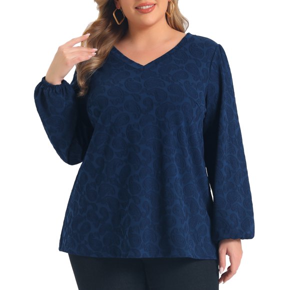 GRACIA Y GRANDEZA Tops de Punto para Mujer de Talla Grande con Estampado, Mangas de Farol, Camisas de Ajuste Suelto, Cuello en V, Moda Casual, Blusas de Punto 4X Azul Marino