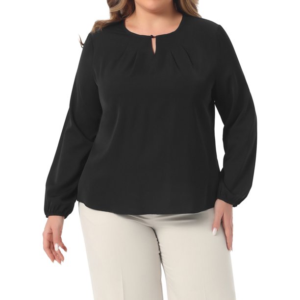 Agnes Orinda Ropa de Halloween para Mujeres de Talla Grande Cuello Redondo Plisado Curvado con Abertura Manga Larga Blusas de Gasa para Trabajo 4X Negro