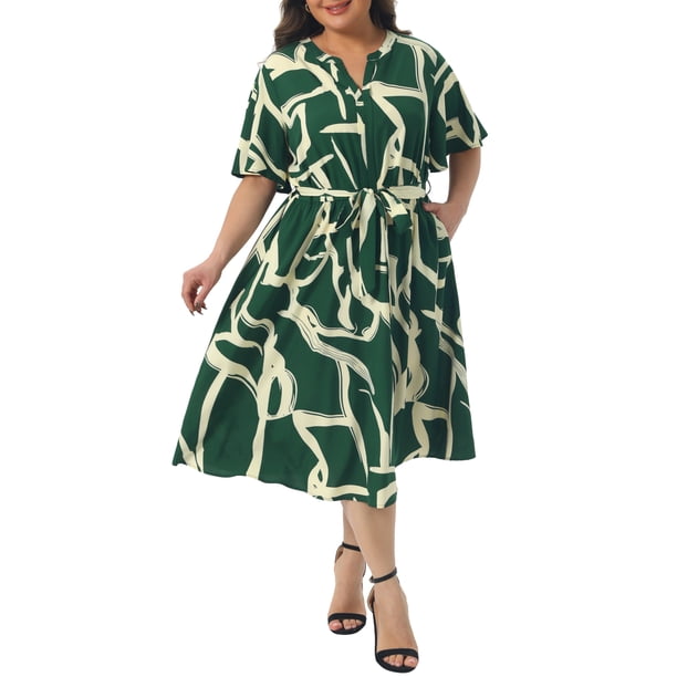 Vestido de talla grande para mujer Agnes Orinda con estampado, cuello con muesca, manga corta, nudo de lazo, casual, de negocios, línea A, midi, con bolsillos, 3X verde oscuro
