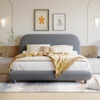 M&Ms - Teddy Fleece Full Size Upholstered Platform Bed With Thick Fabric, Solid Frame And Stylish Curve-Shaped Design, Gray