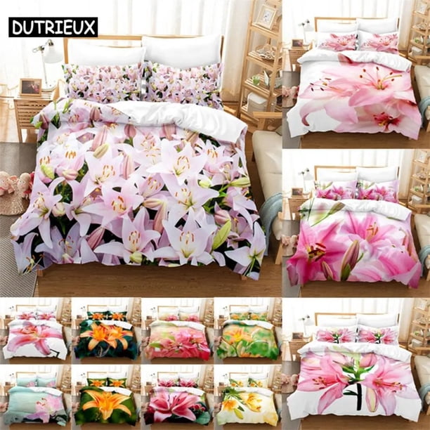 Lily Duvet Cover Set Quilt Cover Pink Flower Bedding Set PCS with Pillowcase for Double Bed New